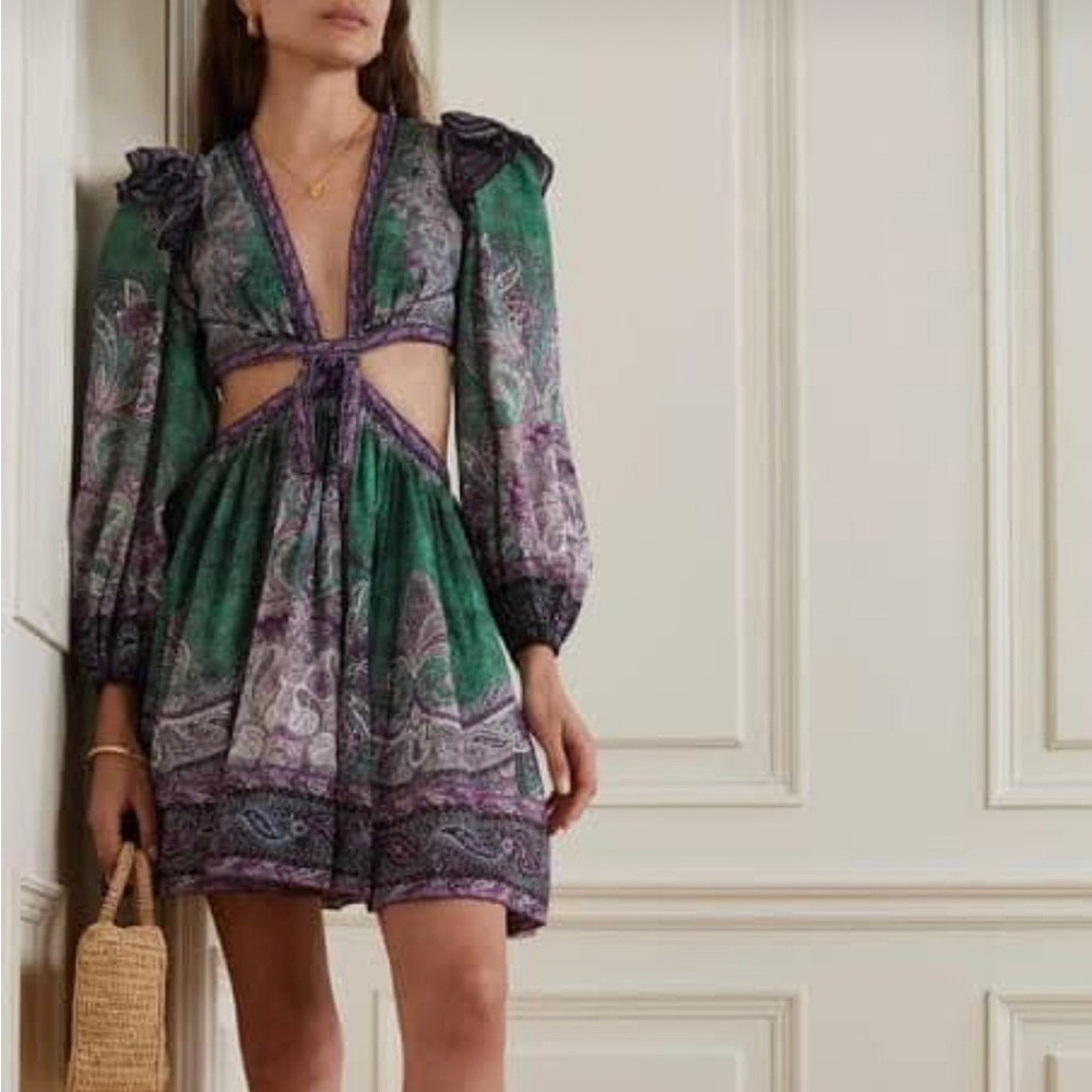 BNWT Zimmermann Anneke Ruffle Mini Paisley Cut-out Dress Size 1